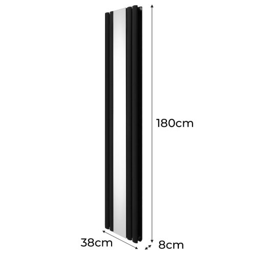 Oval Panel Radiator With Mirror 1800mm x 380mm & TRV Chrome Valves Designer Double Column Vertical Black Carbon Steel Wall Mounted Kitchen Living Room Cleaning Brush Fixing Kit & Brackets