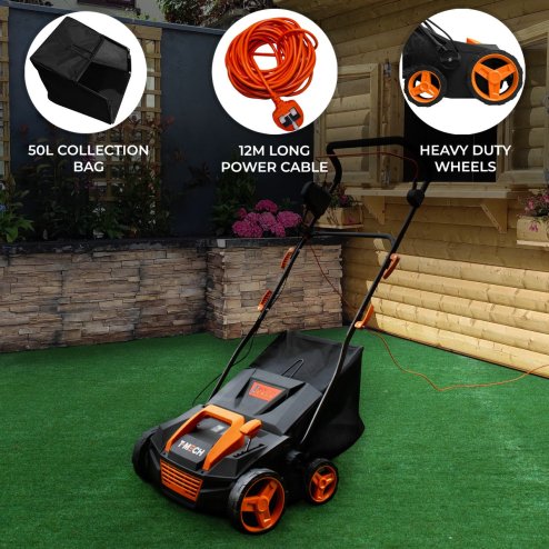 Artificial Grass Power Brush Rake Hoover Vacuum Lawn Cleaner Electric Leaf Twig Sweeper Self Propelled 380mm Outdoor 50L Collection Bag 12m Cable 5 Adjustable Heights 12.2kg Lightweight 3500RPM 1800W