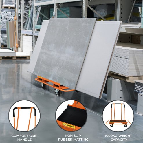 Plasterboard Trolley Dry Wall Cart Sheetrock Board Sheet Material Carrier Dolly Transporter 1000kg 2200lbs Heavy Duty Steel 2 Fixed & 2 Swirl Wheels 2 Brakes Foam Handle Non Slip Rubber Matting