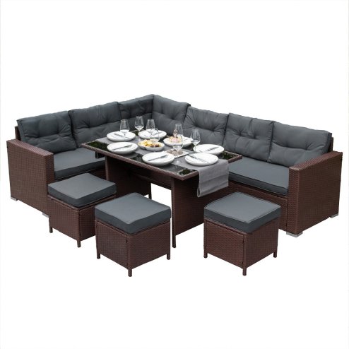 Rattan Corner Dining Set Outdoor Garden Furniture Brown 9-Seater L Shape Sofa Stools Tempered Glass Table UV Protected Waterproof Grey Seat Back Cushions Patio Conservatory Lounge FREE Rain Cover