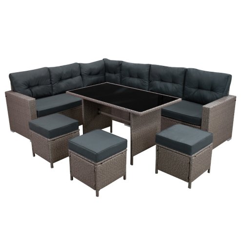 Rattan Corner Dining Set Outdoor Garden Furniture Grey 9-Seater L Shape Sofa Stools Tempered Glass Table UV Protected Waterproof Grey Seat Back Cushions Patio Conservatory Lounge FREE Rain Cover