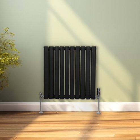 Oval Column Radiator 600mm x 600mm Modern Designer Double Panel Central Heating Heater Matt Black Carbon Steel Horizontal Kitchen Living Room Bathroom FREE Cleaning Brush Fixing Kit & Brackets