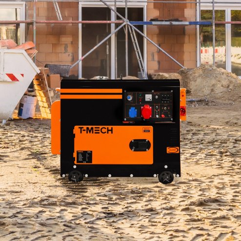 Silent Diesel Generator Three Phase ATS 6.5kVA 6500W 13HP 230V \ 400V Electric Start Closed Frame Emergency Power 4 Portable Wheels Black Powder Coated Steel 20L Fuel Capacity Tool Kit & Funnel