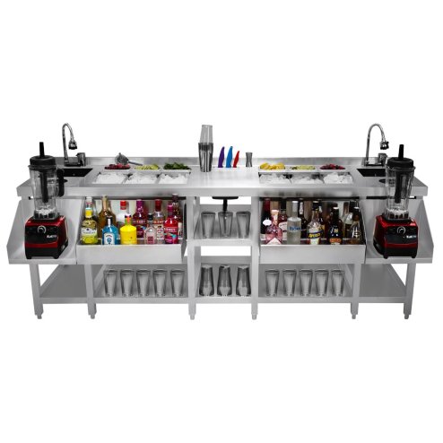 Twin Cocktail Bar Station Free-Standing Stainless Steel Insulated Ice Well Sink 360 Mixer Tap Glass Refresher Drip Tray Blender Shelf Speed Rail Shelves Gastro Pots Knife Holder FREE Boston Shaker