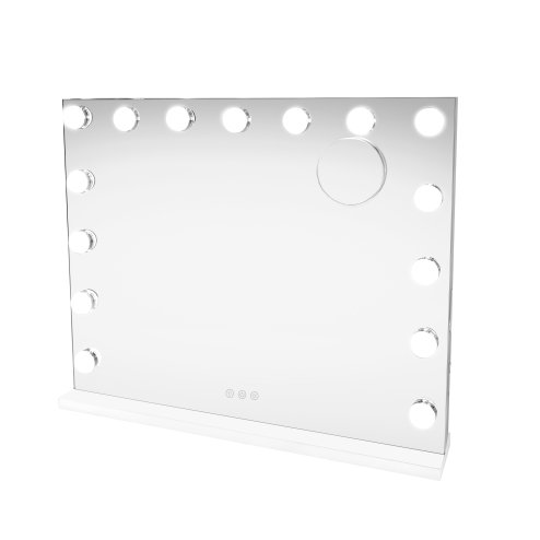 Light Up Hollywood Mirror 15 LED Vanity Makeup Table Wall Touch Screen Dimmable 3 Colour Modes Bluetooth Speaker 2 Charging Ports USB-A & USB-C Microfibre Cleaning Cloth 10 x Magnification Mirror