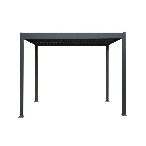 Metal Pergola 3m x 3m Retractable Canopy Roof Powder Coated Aluminium Outdoor Garden Gazebo Sun Rain Shelter Patio Deck Drainage UV Protection Weather Resistant Tools & Ground Bolts Included Dark Grey