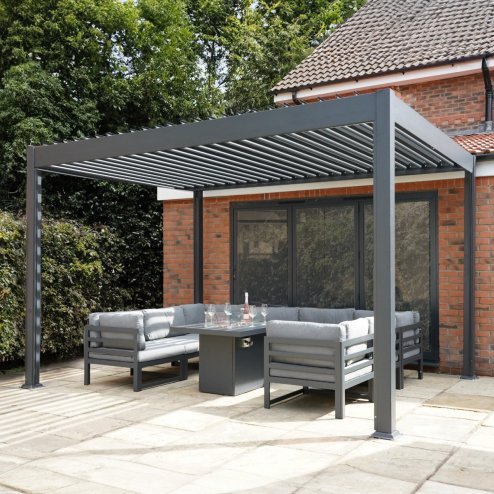 Metal Pergola 3m x 3m Retractable Canopy Roof Powder Coated Aluminium Outdoor Garden Gazebo Sun Rain Shelter Patio Deck Drainage UV Protection Weather Resistant Tools & Ground Bolts Included Dark Grey
