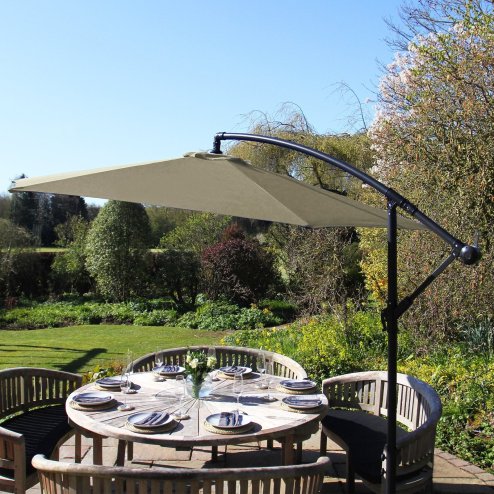 3m Cantilever Garden Parasol Banana Hanging Umbrella Winding Crank Shade Patio Outdoor Sun Shade Tilt UV Protection | Beige Square Base