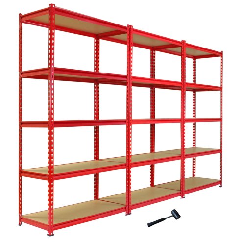 Pack of 3 Garage Shelving Unit - 5 Tier Heavy Duty Rack for Storage Steel Utility Shelves | Metal & MDF Boltless Racking Assembly System Capacity 5400KG + FREE Rubber Mallet
