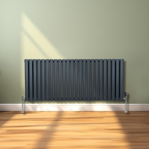 Oval Column Radiator 600mm x 1440mm & TRV Chrome Valves Designer Double Panel Central Heating Heater Anthracite Grey Steel Horizontal Kitchen Living Room FREE Cleaning Brush Fixing Kit & Brackets