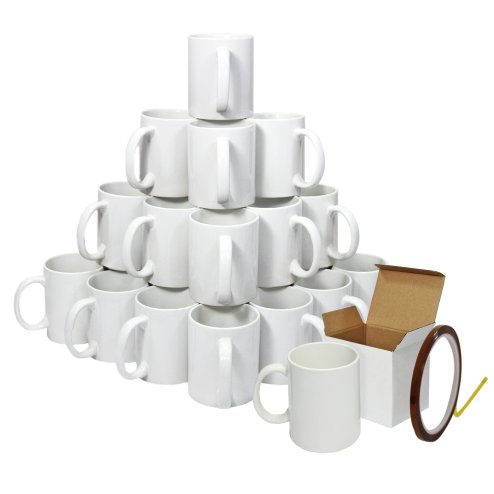 Blank Sublimation Mugs 36 Pack White Ceramic Polymer Coated 11oz Large AAA Grade Cup With Handle & Presentation Gift Boxes & Heat Tape Roll 22m Long x 0.5cm Wide Tea Coffee Microwave Dishwasher Safe