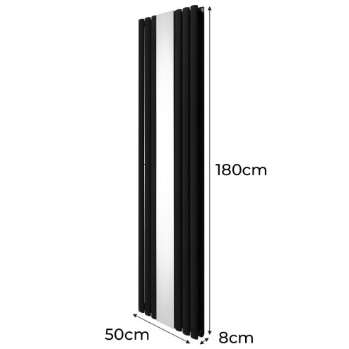 Oval Panel Radiator With Mirror 1800mm x 500mm & TRV Chrome Valves Designer Double Column Vertical Black Carbon Steel Wall Mounted Kitchen Living Room Cleaning Brush Fixing Kit & Brackets