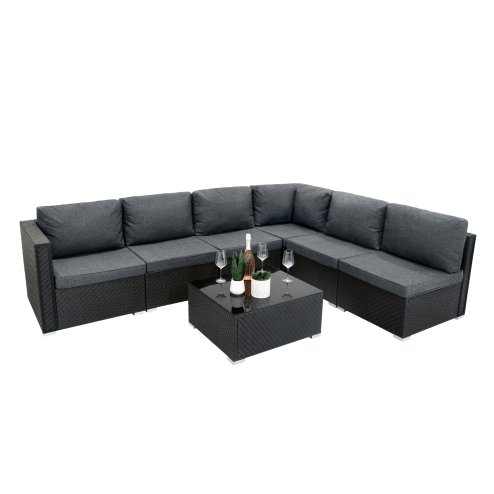 Rattan Garden Corner Furniture Set Outdoor Premium 7 PC Black 5 Seater Modular Sofa Chairs With Cushions Glass Top Coffee Table UV Protected Metal