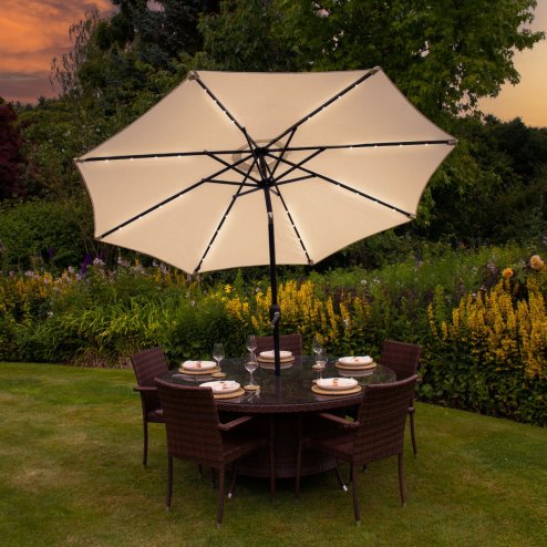 Cream 2.4m LED Tilt Parasol Umbrella Garden Sun Shade Canopy Patio Outdoor 360 Rotation UV Protection Winding Crank Adjustable 32 Solar Power Lights Cool White 8 Ribs 5.5kg FREE Waterproof Rain Cover