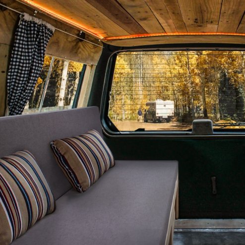 Sliding Camper Sofa Bed & Cushions Pull Out Bench Vivaro Movano Sprinter VW T4 T5 T6 Transit DIY Van Conversion Under Seat Storage Storage Nets Cup Holder 8cm Thick Mattress Washable Covers Fixing Kit