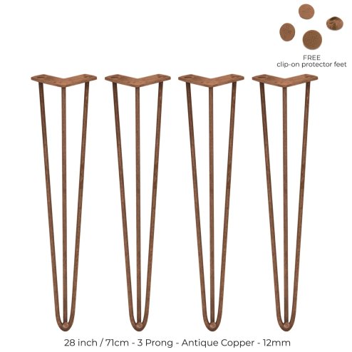 4Pcs Hairpin Table Legs DIY Furniture Upcycle Industrial Style Heavy-duty Sturdy Welded Metal Steel With FREE Screw Pack And Protector Feet Antique Copper 3 Prong Rods 28 Inch Height 12mm Thickness