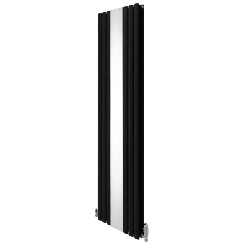 Oval Panel Radiator With Mirror 1800mm x 500mm & TRV Chrome Valves Designer Double Column Vertical Black Carbon Steel Wall Mounted Kitchen Living Room Cleaning Brush Fixing Kit & Brackets