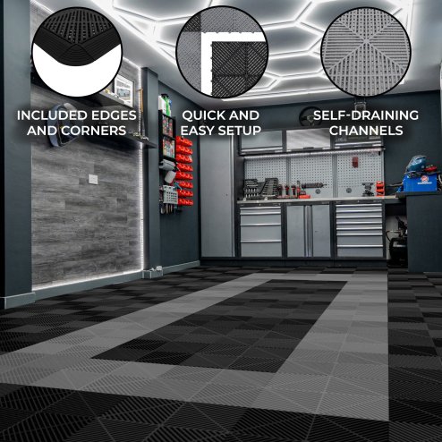 Vented Modular Interlocking Flooring Tiles & Edges 165 Black & 60 Grey Double Garage Heavy Duty Floor Mat Showroom Workshop Outdoor Polypropylene Anti Slip Weather Resistant Drainage 6m x 6m 36m2