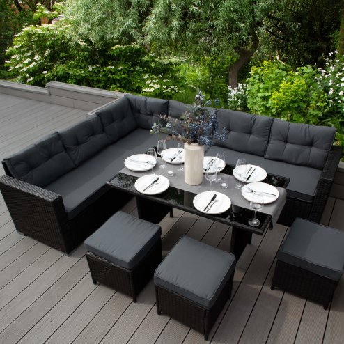 Rattan Corner Dining Set Outdoor Garden Furniture Black 9-Seater L Shape Sofa Stools Tempered Glass Table UV Protected Waterproof Grey Seat Back Cushions Patio Conservatory Lounge FREE Rain Cover