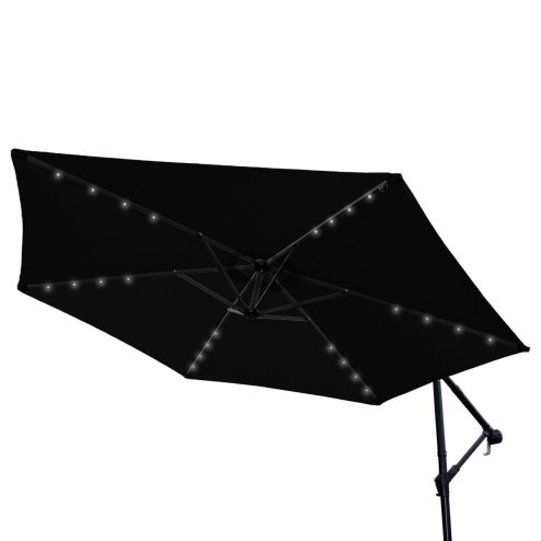 Black LED Cantilever Parasol 3m Banana Hanging Umbrella Garden Sun Shade Canopy Patio Outdoor 360 Rotation Tilt UV Protection Winding Crank 24 Solar Powered Cool White LED Lights Waterproof Rain Cover