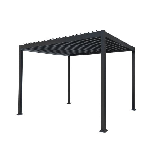 Metal Pergola 3m x 3m Retractable Canopy Roof Powder Coated Aluminium Outdoor Garden Gazebo Sun Rain Shelter Patio Deck Drainage UV Protection Weather Resistant Tools & Ground Bolts Included Dark Grey