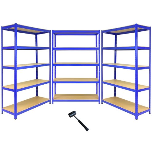 T-Rax Pack of 3 Garage Shelving Unit Extra Wide - 5 Tier Heavy Duty Rack for Storage Steel Utility Shelves | Metal & MDF Boltless Racking Assembly System | 360KG Per Shelf, Blue + FREE Rubber Mallet