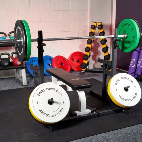 Home Gym Weightliftings Squat Rack Flat Bench 7ft Bar 5kg 10kg Pair Blk Bumpers