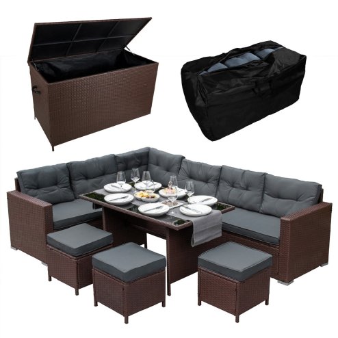 Rattan Corner Dining Set & Garden Storage Box Brown 9-Seater L Sofa Stools Glass Table Large Cushion Furniture Chest 582L Outdoor Patio Steel Frame UV Resistant FREE Waterproof Carry Bag & Rain Cover
