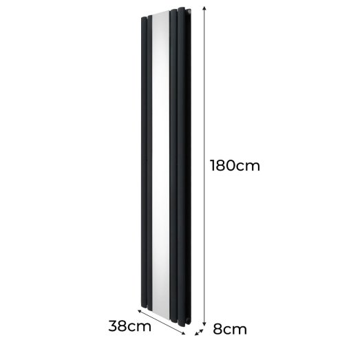 Oval Panel Radiator With Mirror 1800mm x 380mm Modern Designer Double Column Vertical Heater Matt Anthracite Grey Carbon Steel Wall Mounted Kitchen Living Room Cleaning Brush Fixing Kit & Brackets
