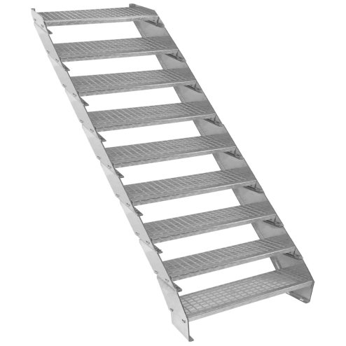 Metal Staircase 9 Section Adjustable Height 90cm / 900mm Wide Galvanised Steel Silver 9 Steps Weatherproof Grate Step Outdoor Garden Patio Modular Stairs 5mm Rod Thickness FREE Fixing Kit