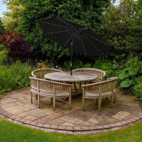 Black 2.4m LED Tilt Parasol Umbrella Garden Sun Shade Canopy Patio Outdoor 360 Rotation UV Protection Winding Crank Adjustable 32 Solar Power Lights Cool White 8 Ribs 5.5kg FREE Waterproof Rain Cover