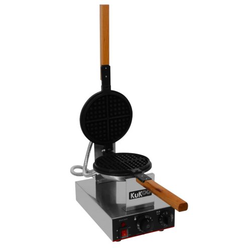 KuKoo Single Waffle Maker Machine Rotating Round Deep Fill Non-Stick Iron Plates Electric 1000W 50-250C Automatic Temperature 1-5 Minute Timer Commercial Stainless Steel Cool Touch Handle FREE Tongs