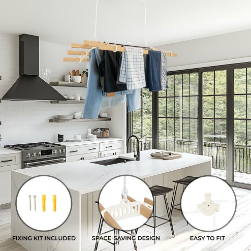 Clothes Airer Ceiling Pulley 6 Lath 1.5m Ivory Maid Traditional Mounted Clothing Dryer Victorian Clothes Horse Laundry Drying Rack Extendable Cast Iron Varnished Pine Kitchen Utility FREE Fixing Kit