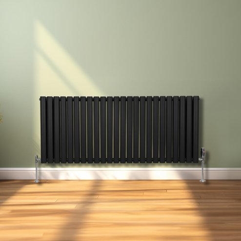 Oval Column Radiator 600mm x 1440mm Modern Designer Double Panel Central Heating Heater Matt Black Carbon Steel Horizontal Kitchen Living Room Bathroom FREE Cleaning Brush Fixing Kit & Brackets