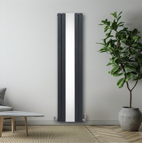 Flat Panel Radiator With Mirror 1800mm x 425mm Modern Designer Double Column Vertical Heater Matt Anthracite Grey Carbon Steel Wall Mounted Kitchen Living Room Cleaning Brush Fixing Kit & Brackets