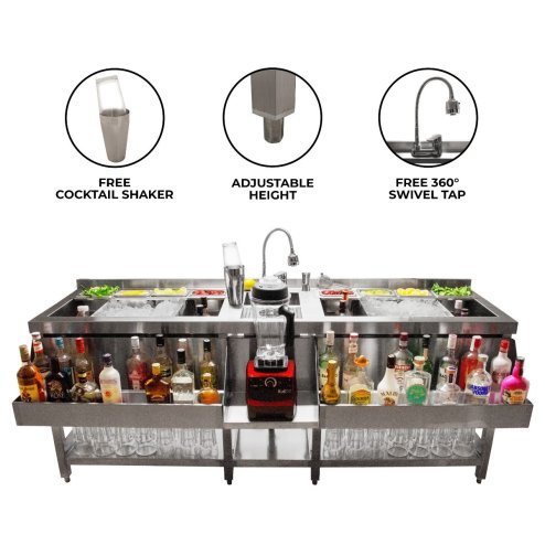 Double Cocktail Bar Station 360°C Swivel Mixer Tap Stainless Steel Insulated Ice Well Professional Glass Rinser Workstation Sink Double Speed Rail FREE Boston Cocktail Shaker + 8 x Gastro Pots