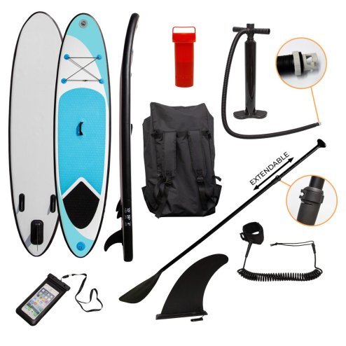 Inflatable Paddle Board Stand Up 10ft SUP Lightweight 6.75kg Water Sports Surfboard Non-Slip Deck Carry Bag Hand Pump Adjustable Paddle Elasticated Ankle Leash 3 Fins Waterproof Phone Case Repair Kit