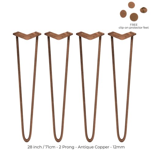 4Pcs Hairpin Table Legs DIY Furniture Industrial Style Heavy-duty Sturdy Welded Metal Steel Upcycle Bench With FREE Screw Pack And Protector Feet Copper 2 Prong Rods 28 Inch Height 12mm Thickness