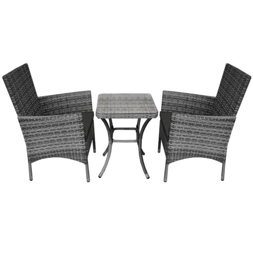 Garden Outdoor Rattan Bistro Set Furniture 3 PCs Patio Weave Companion Chair Table Set Conservatory Balcony 2 Seater Grey FREE Rain Cover