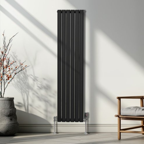 Oval Column Radiator 1600mm x 360mm & TRV Chrome Valves Modern Designer Double Panel Central Heating Heater Black Steel Vertical Kitchen Living Room FREE Cleaning Brush Fixing Kit & Brackets