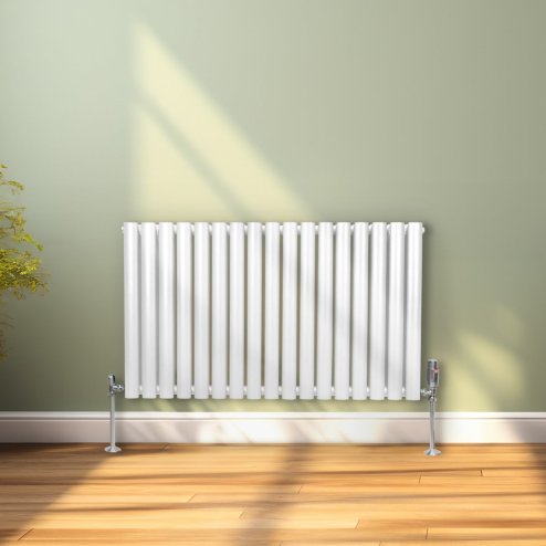 Oval Column Radiator 600mm x 1020mm Modern Designer Double Panel Central Heating Heater Gloss White Carbon Steel Horizontal Kitchen Living Room Bathroom FREE Cleaning Brush Fixing Kit & Brackets