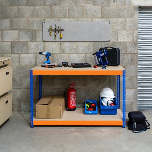 Garage Workbench S-Rax 2 Shelf 120cm x 60cm x 90cm Workstation Heavy Duty Steel Chipboard 300kg Capacity Per Shelf Adjustable Layout Boltless Assembly Rubber Feet Reinforced Support Bar Warehouse