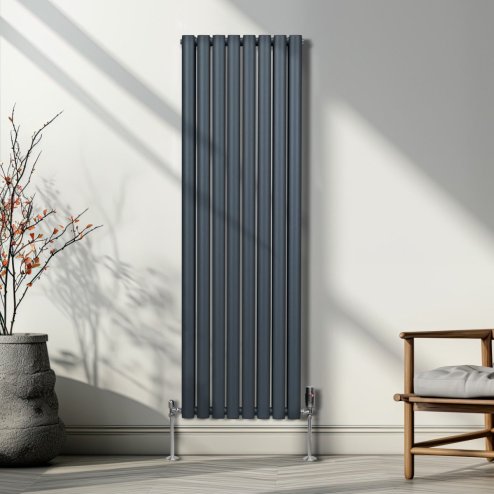 Oval Column Radiator 1600mm x 480mm Modern Designer Double Panel Central Heating Heater Matt Grey Carbon Steel Vertical Kitchen Living Room Bathroom FREE Cleaning Brush Fixing Kit & Brackets