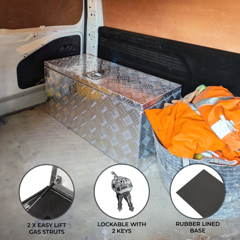 Aluminium Tool Box 102L Lockable Chest 2 Keys Trailer Truck Van Locker Boxes Storage Heavy Duty Checker Plate Rubber Base Liner & Seal Gas Struts Carry Case XL 32