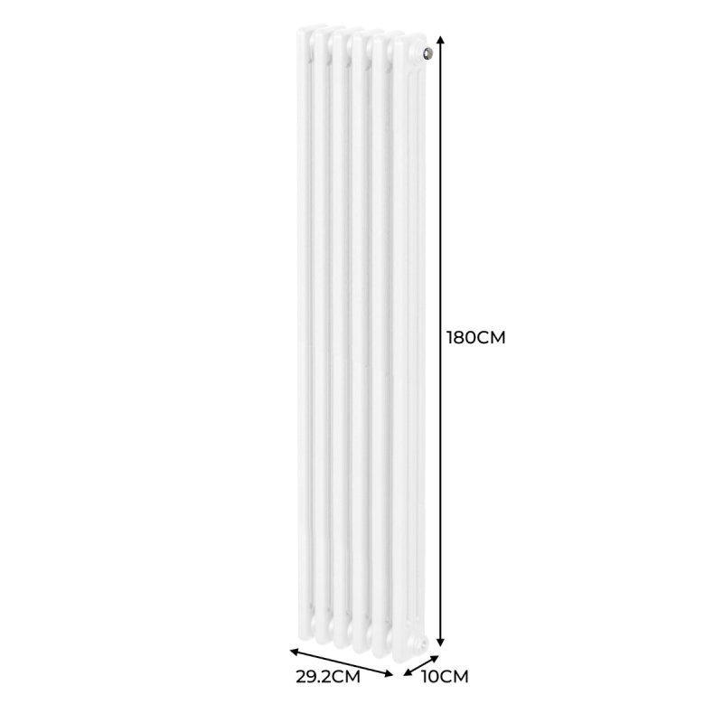 Traditional 3 Column Radiator 1800mm x 292mm Modern Central Heating Heater Gloss White Carbon Steel Vertical Wall Mounted Kitchen Living Room Bathroom Cleaning Brush Fixing Kit & Brackets