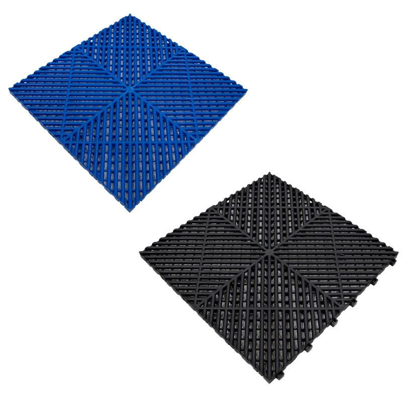 Vented Modular Interlocking Flooring Tiles 90 Blue & 30 Black With Edges & Hexagon LED Lighting 14 White Lights & Border 6500K 3 Mount Options & Suspended Ceiling Kit Single Garage Floor Mat 3.2m x 6m