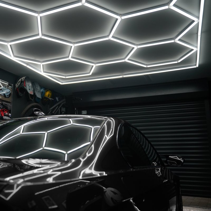 Hexagon LED Lighting 14 Lights & Border Car Detailing Shop Garage Workshop Gym Beauty Salon Showroom Honeycomb Modular Design Bright Pure White 120 Lumens 6500K Colour Temperature 3 Mounting Options
