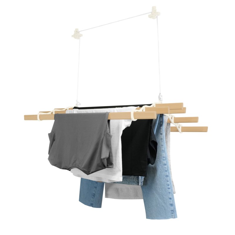 Clothes Airer Ceiling Pulley 6 Lath 1.5m Ivory Maid Traditional Mounted Clothing Dryer Victorian Clothes Horse Laundry Drying Rack Extendable Cast Iron Varnished Pine Kitchen Utility FREE Fixing Kit
