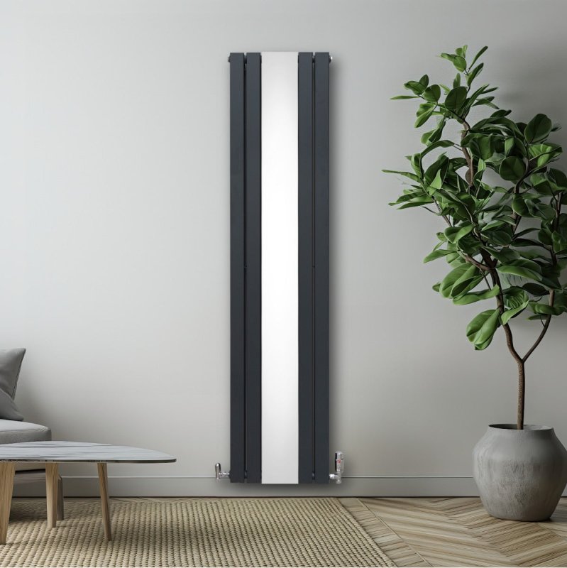 Flat Panel Radiator With Mirror 1800mm x 425mm & TRV Chrome Valves Designer Double Column Vertical Anthracite Grey Carbon Steel Wall Mounted Kitchen Living Room Cleaning Brush Fixing Kit & Brackets