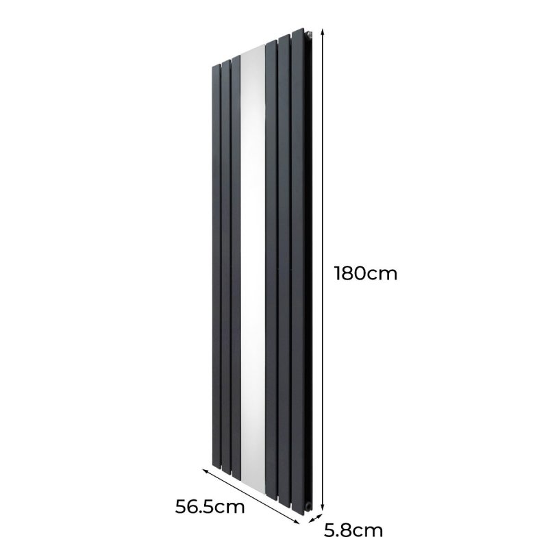 Flat Panel Radiator With Mirror 1800mm x 565mm Modern Designer Double Column Vertical Heater Matt Anthracite Grey Carbon Steel Wall Mounted Kitchen Living Room Cleaning Brush Fixing Kit & Brackets
